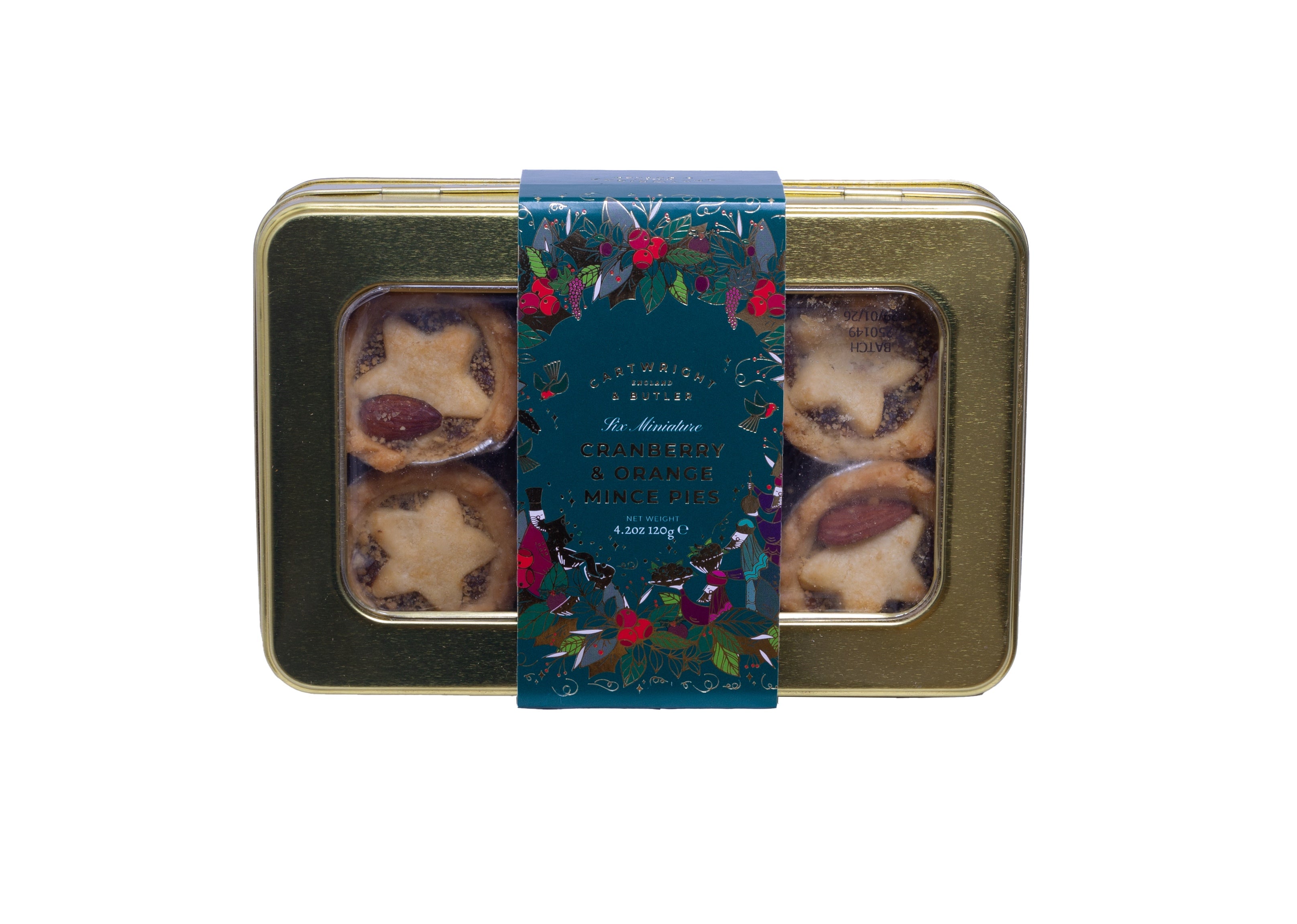 Tin of Christmas Mince Pies in a decorative gold tin on a white background