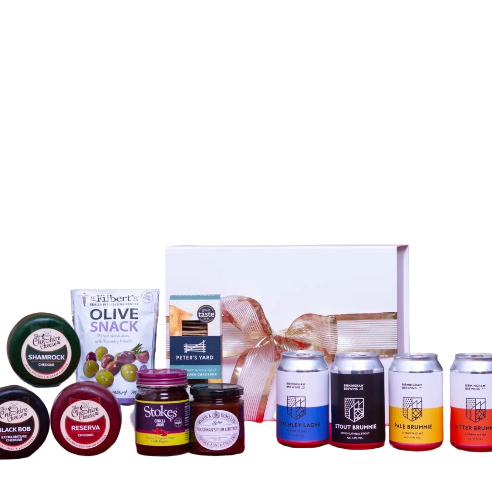 gift box with beers, cheeses, olives, chutney, jam & crackers
