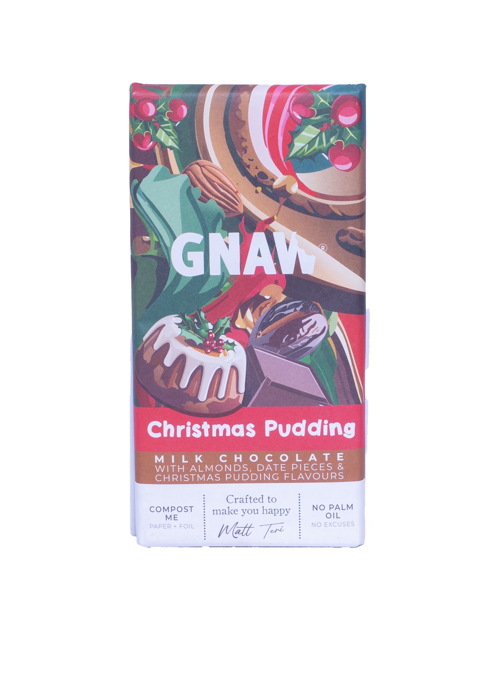 GNAW Christmas Pudding milk chocolate bar packaging on a white background
