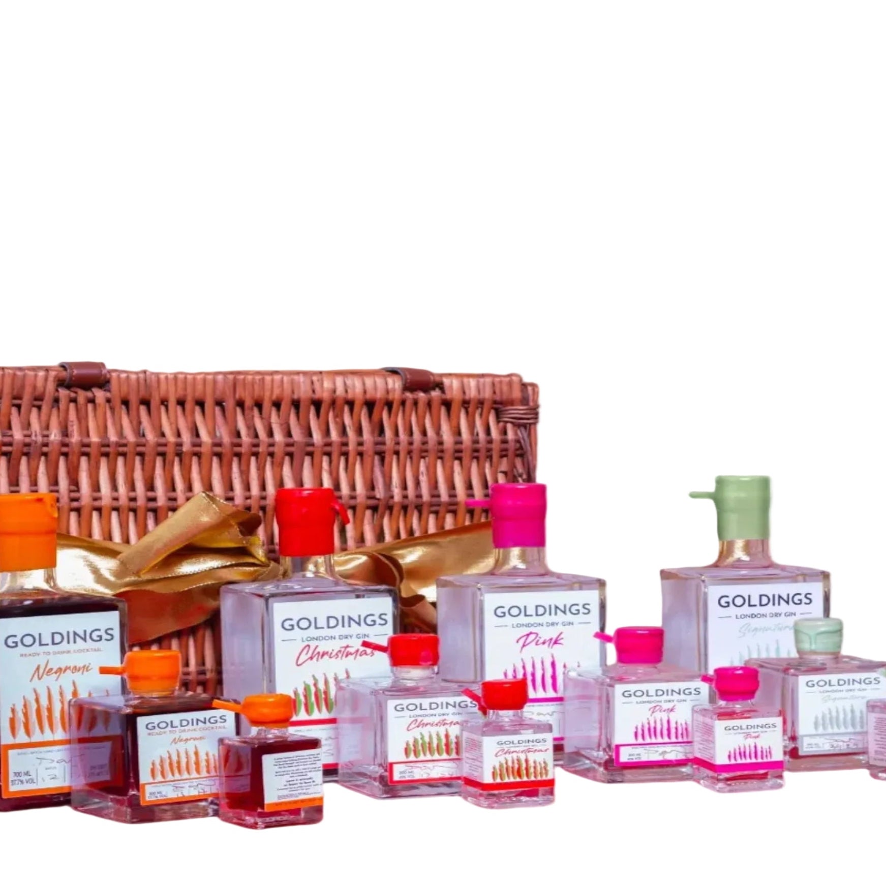 Collection of Goldings Gin products on a red surface with a brick wall background