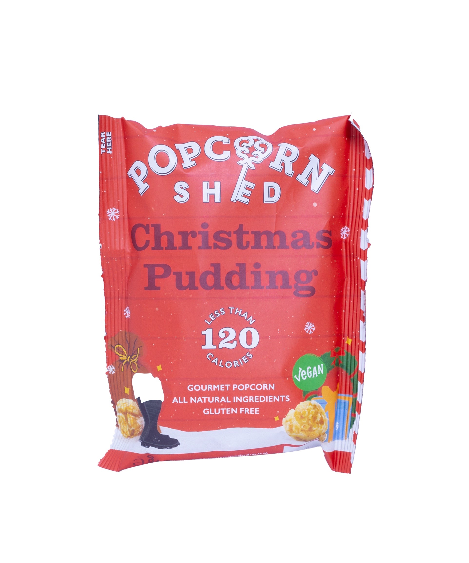 Red package of Popcorn Shed Christmas Pudding popcorn on a white background