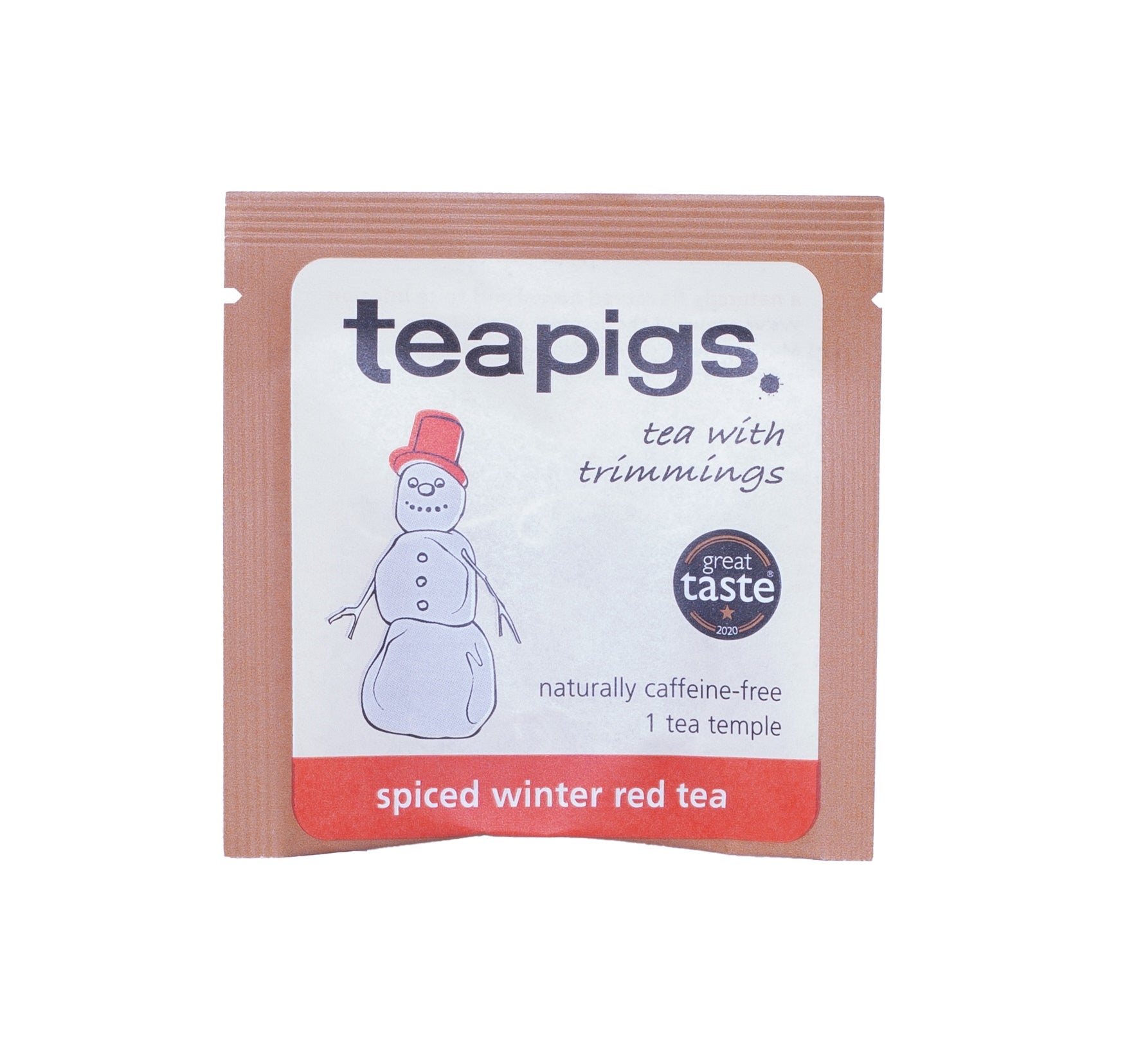 Teapigs spiced winter red tea package with a snowman illustration on a white background