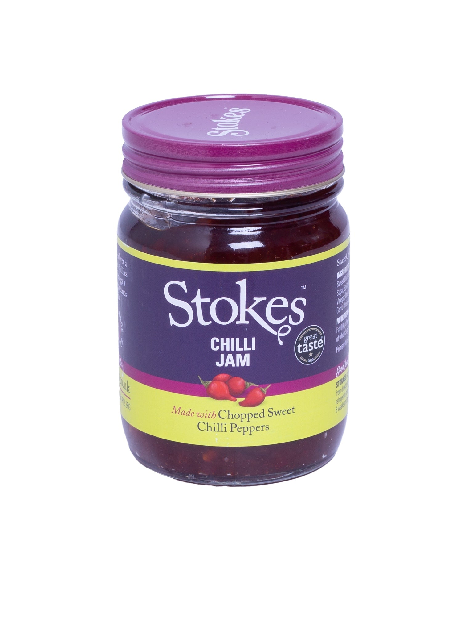 Jar of Stokes Chilli Jam with purple lid on a white background