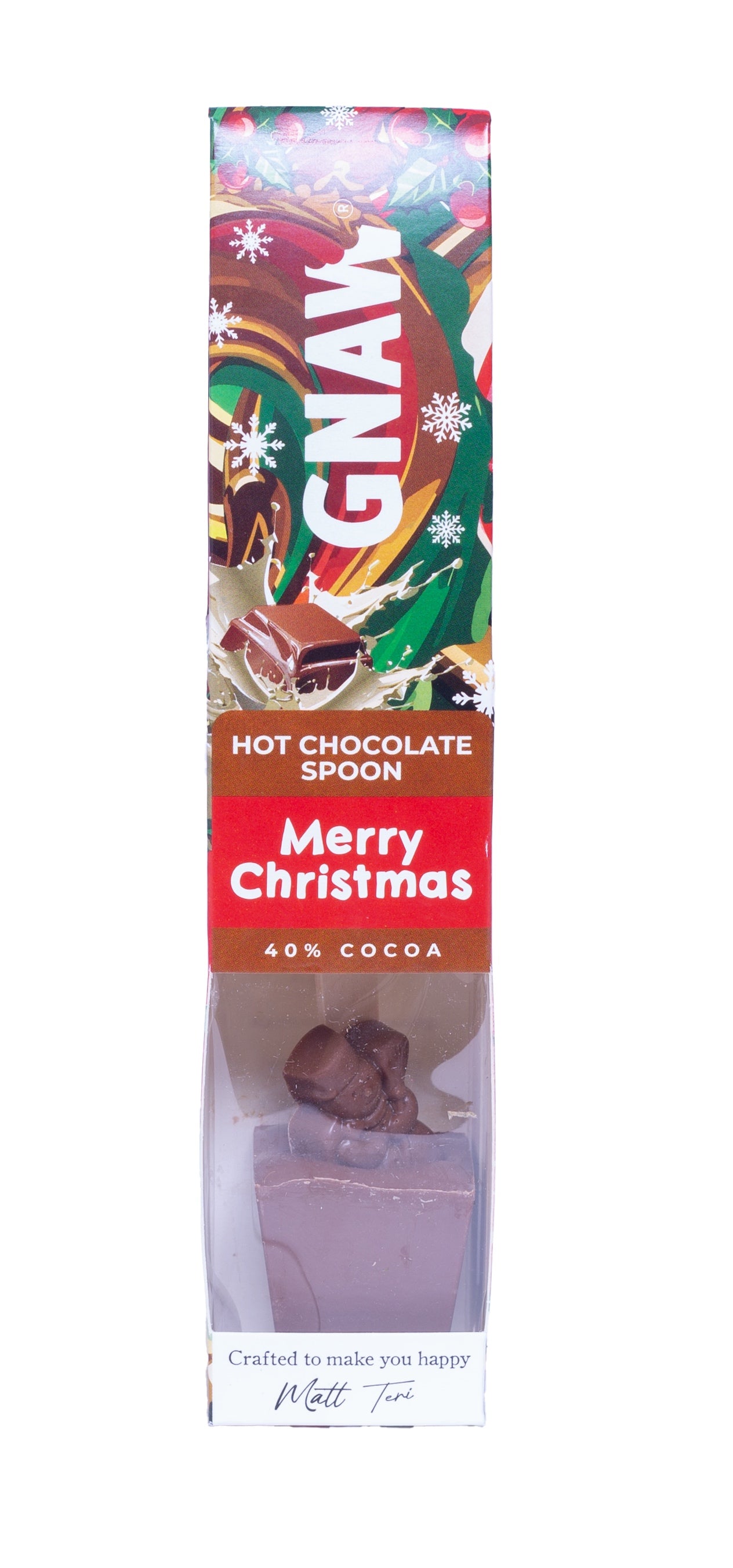 Hot chocolate spoon packaging with Christmas design and 'Merry Christmas' text.