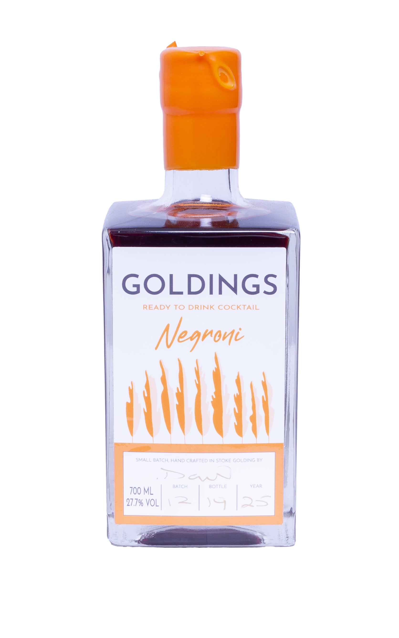 Bottle of Goldings Negroni on a white background