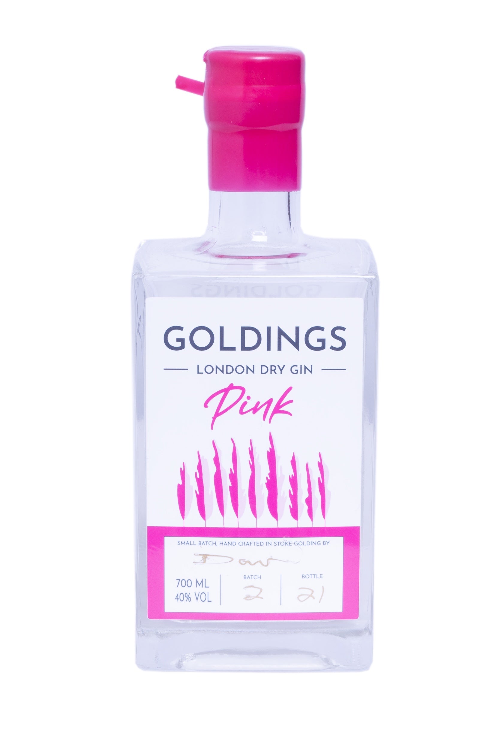 Goldings Pink London Dry Gin bottle with pink cap and label on a white background