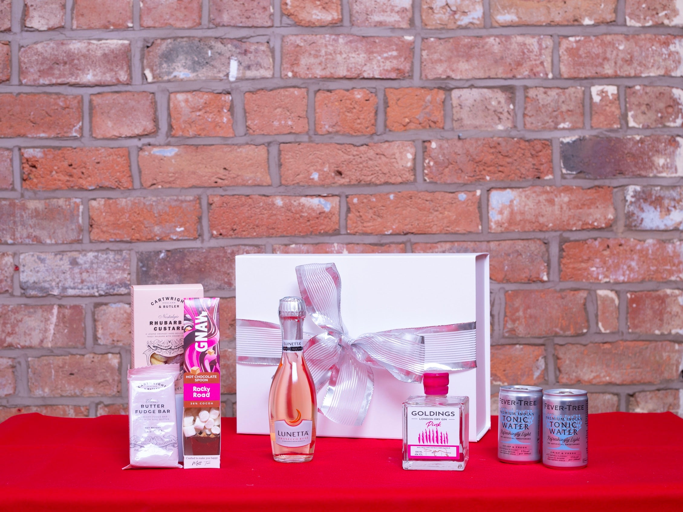 Christmas gift box with Prosecco, gin, tonic, hot chocolate, sweets & fudge