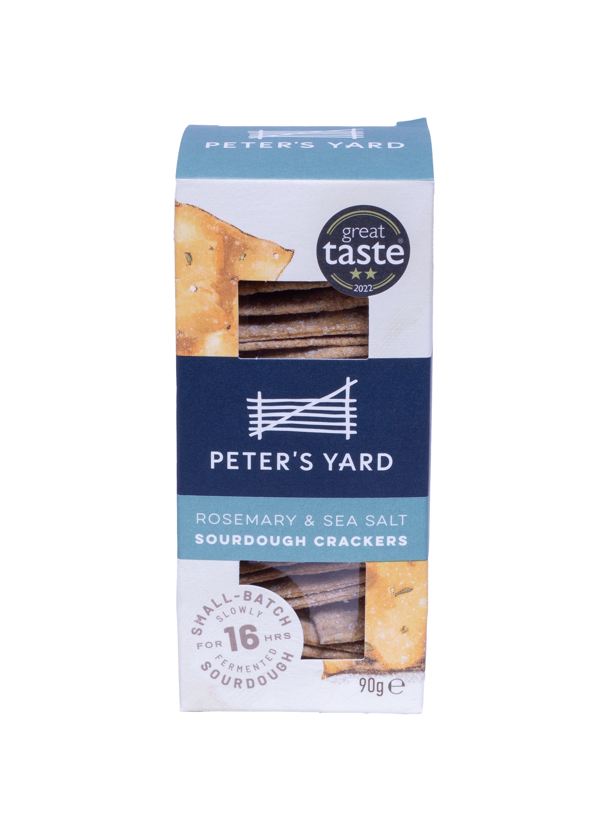 Box of Peter's Yard Rosemary & Sea Salt Sourdough Crackers on a white background