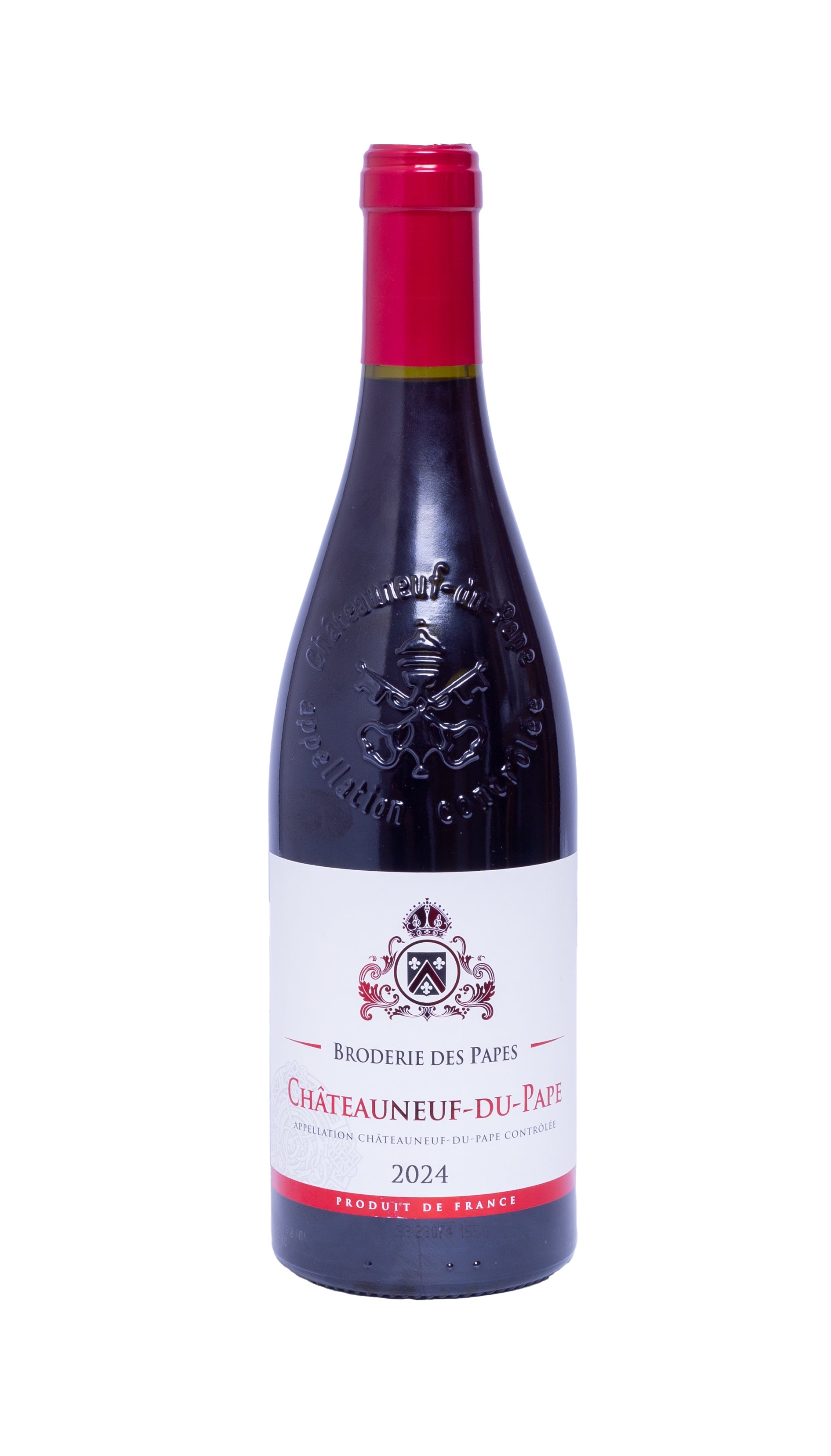 Chateauneuf de papa red wine bottle on a white background