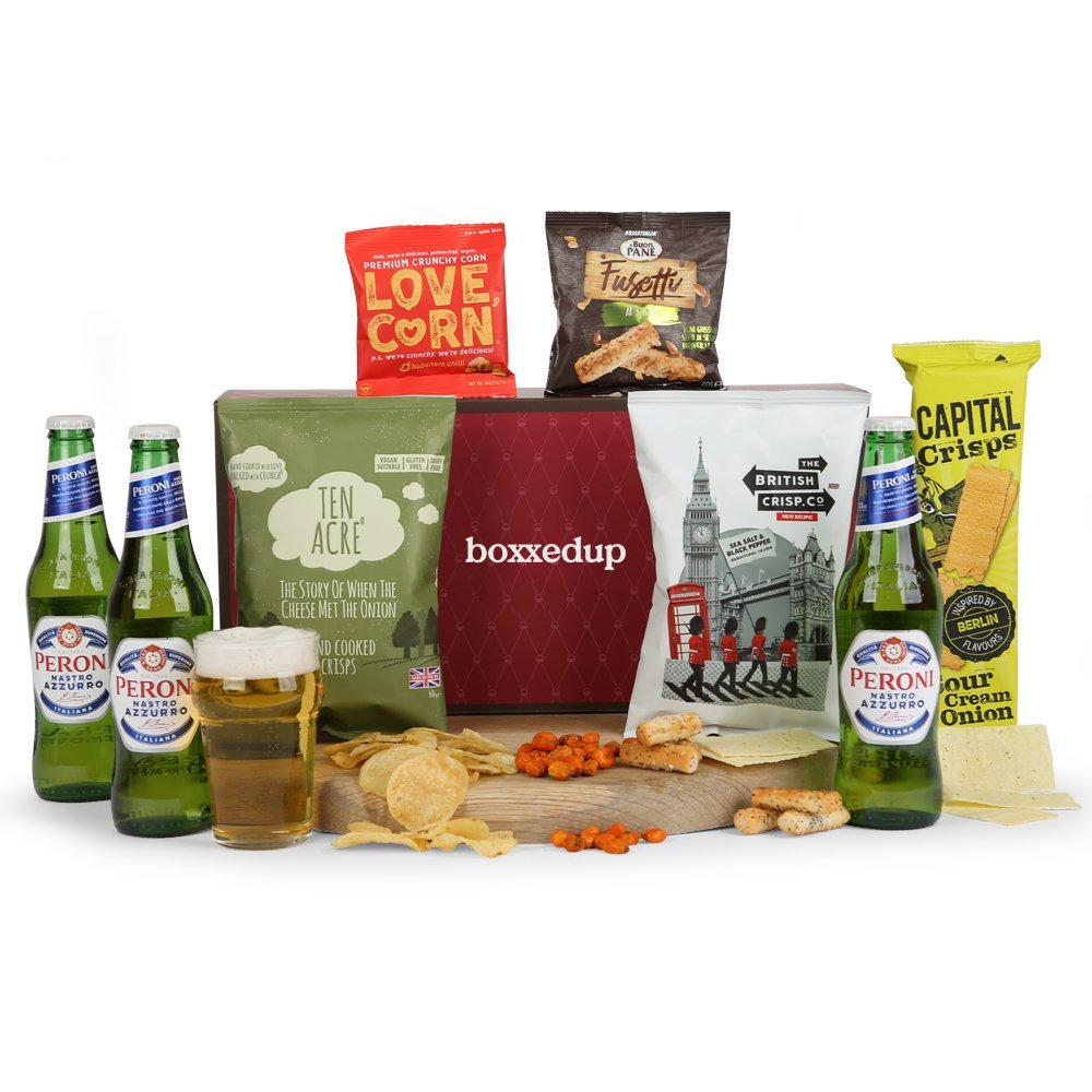 A Peroni Lager Beer and Snacks Hamper Gift Box